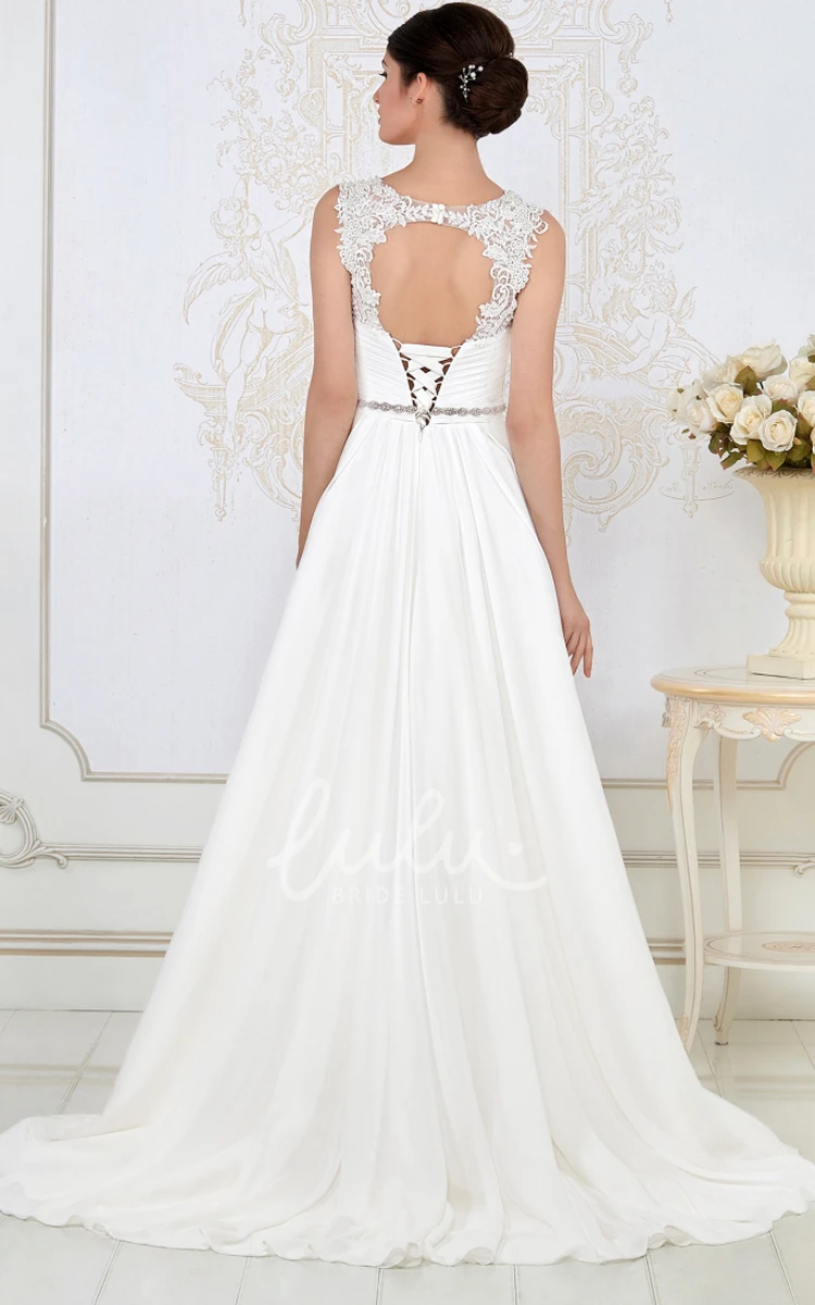 High-Neck Tulle&Satin Wedding Dress Sheath Floor-Length Ruched Appliques