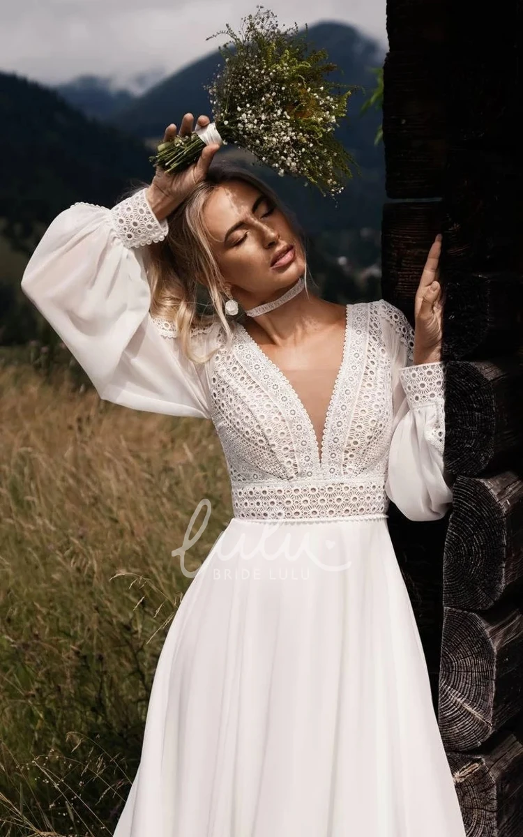 Boho Lace Chiffon Plunging V-neck A-Line Wedding Dress Country Romantic Solid Puff Long Sleeve Floor-length Low-V Back Bridal Gown with Train