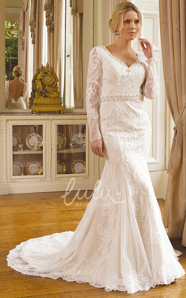 Long-Sleeve V-Neck Beaded Lace Trumpet Wedding Dress with Embroidery Unique Bridal Gown