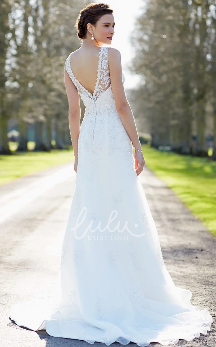 Scoop Neck Chiffon Wedding Dress with V Back and Sweep Train Maxi Bridal Gown