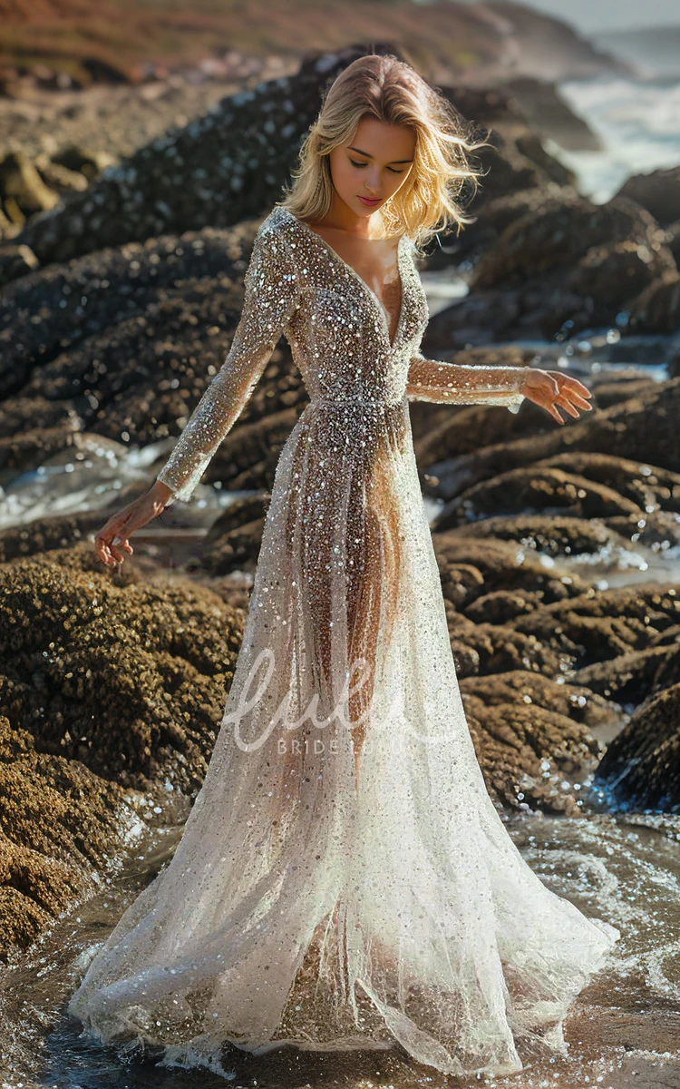 Sexy Sparkly Sequins Pearl V Neck Long Sleeves A-Line See Through Wedding Dress with V Back