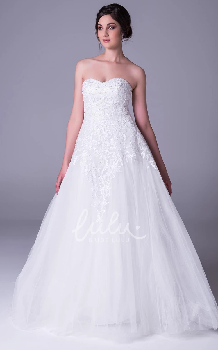 Strapless Tulle Wedding Dress with Appliqued A-Line Silhouette and Corset Back