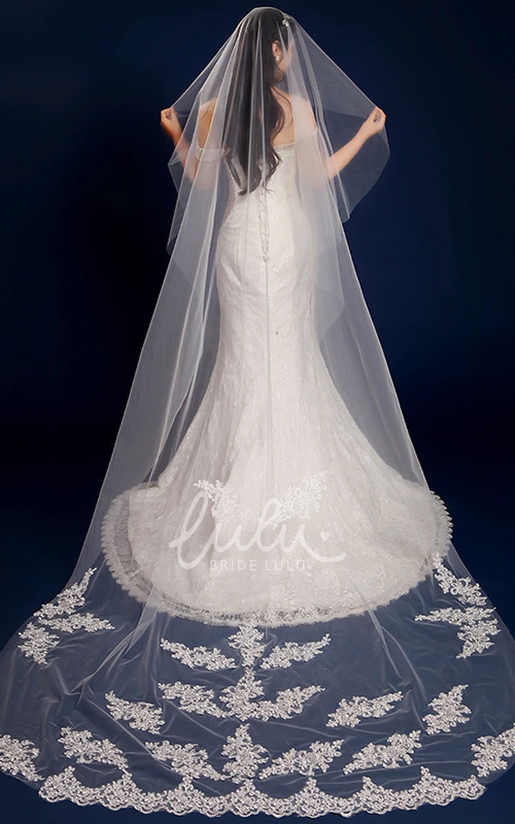 Cathedral Tulle Wedding Veil with Lace Edge and Appliques Classic Bridal Dress Accessory