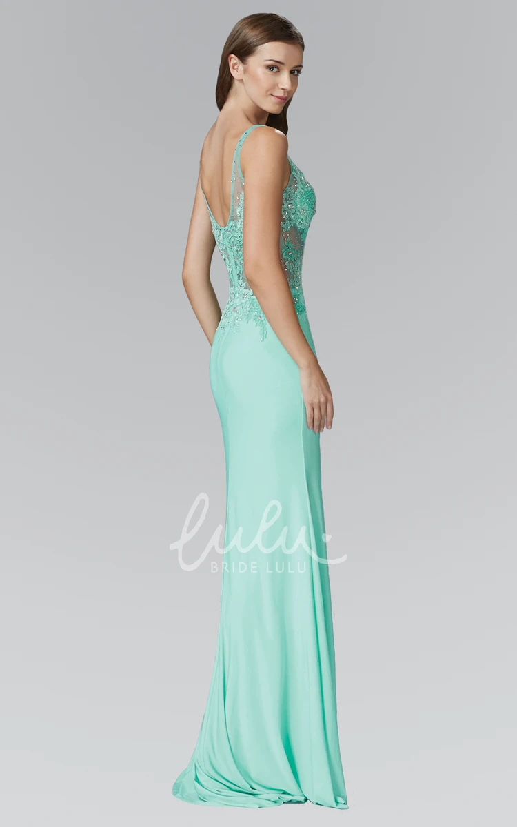 Jersey Spaghetti Strap Sheath Prom Dress with Front Split and Appliques