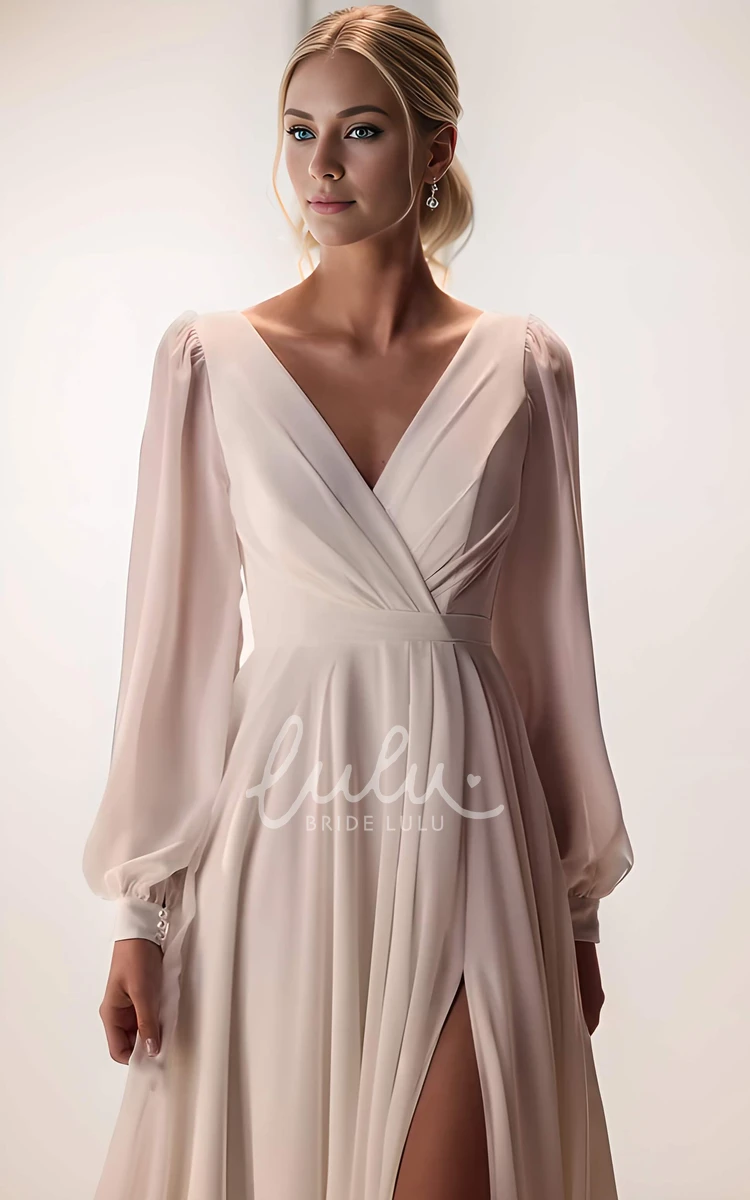 Simple Minimalist Split Front Long Sleeve Maxi A-Line Wedding Dress Solid Flowy Casual Low Back Floor Length Reception Vow Renewal Bridal Gown