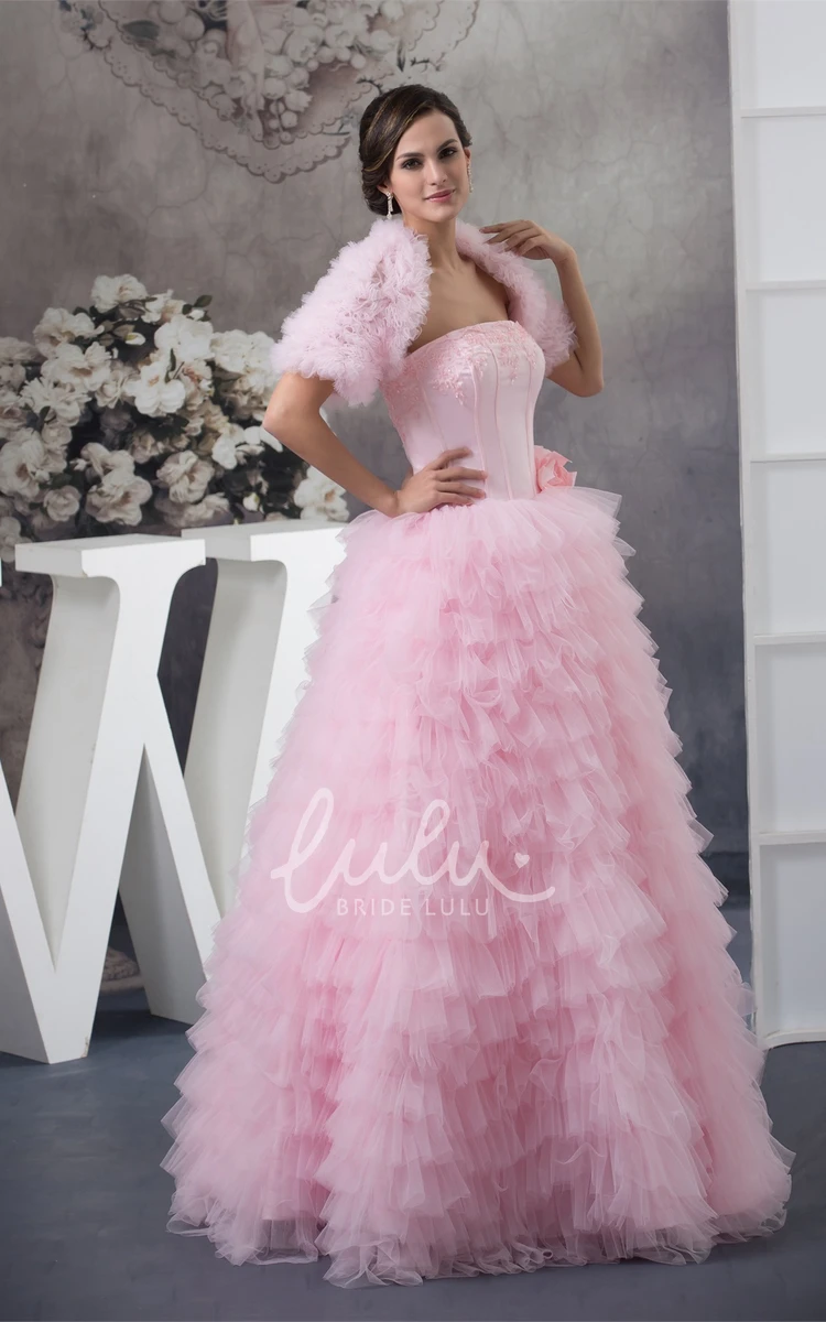 Ruffled Tulle Ball Gown Quinceanera Dress with Bolero Strapless Formal Dress