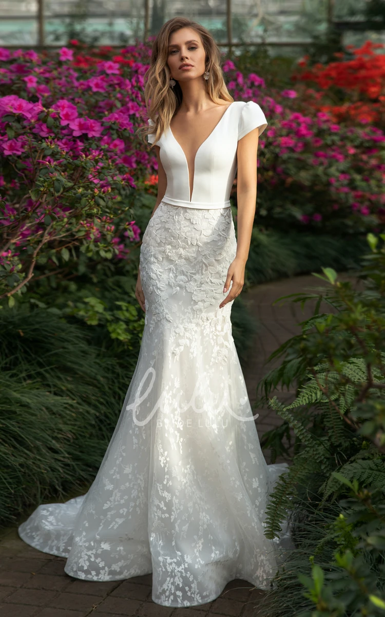 Satin Beach Wedding Dress with Cap Sleeves and Appliques Plunging Neckline Mermaid