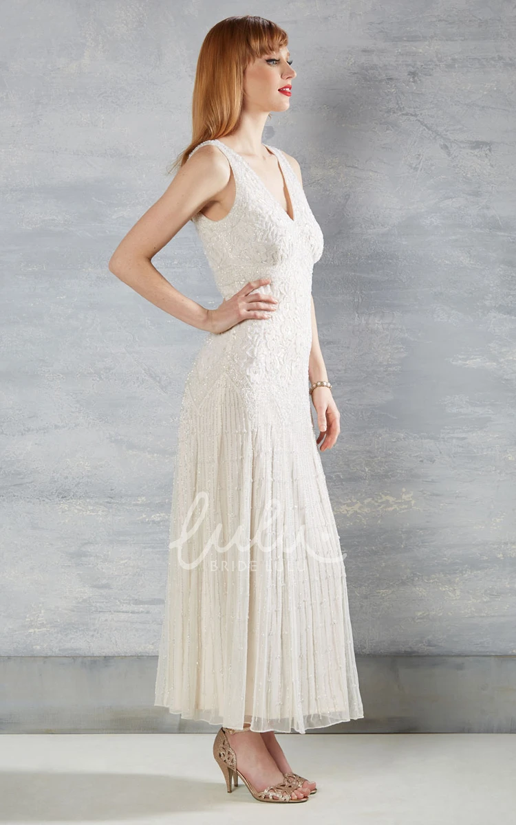 Lace Wedding Dress with Appliques and V Back Ankle-Length Sheath Sleeveless