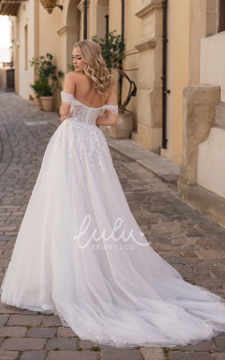 Elegant Off Shoulder A-Line Wedding Dress with Plunging Neckline Romantic Lace Tulle Court Train