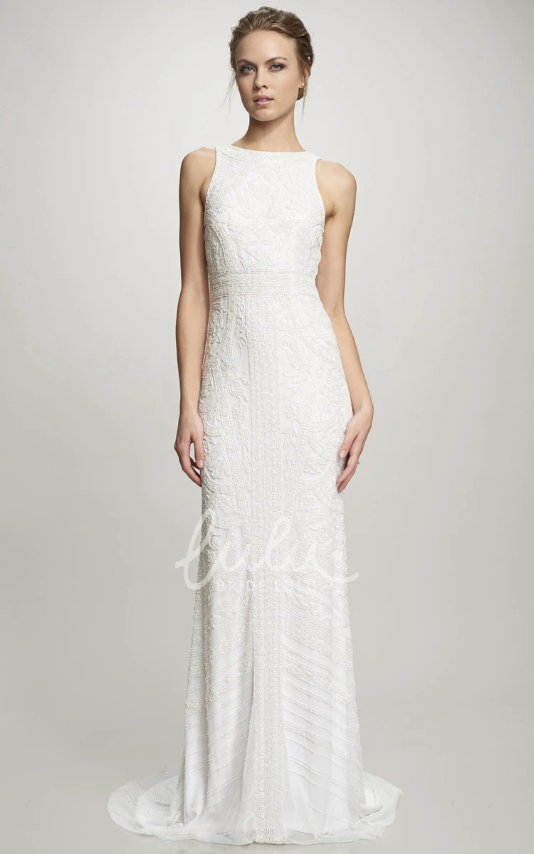 Jewel Lace V-Back Wedding Dress with Brush Train Floor-Length