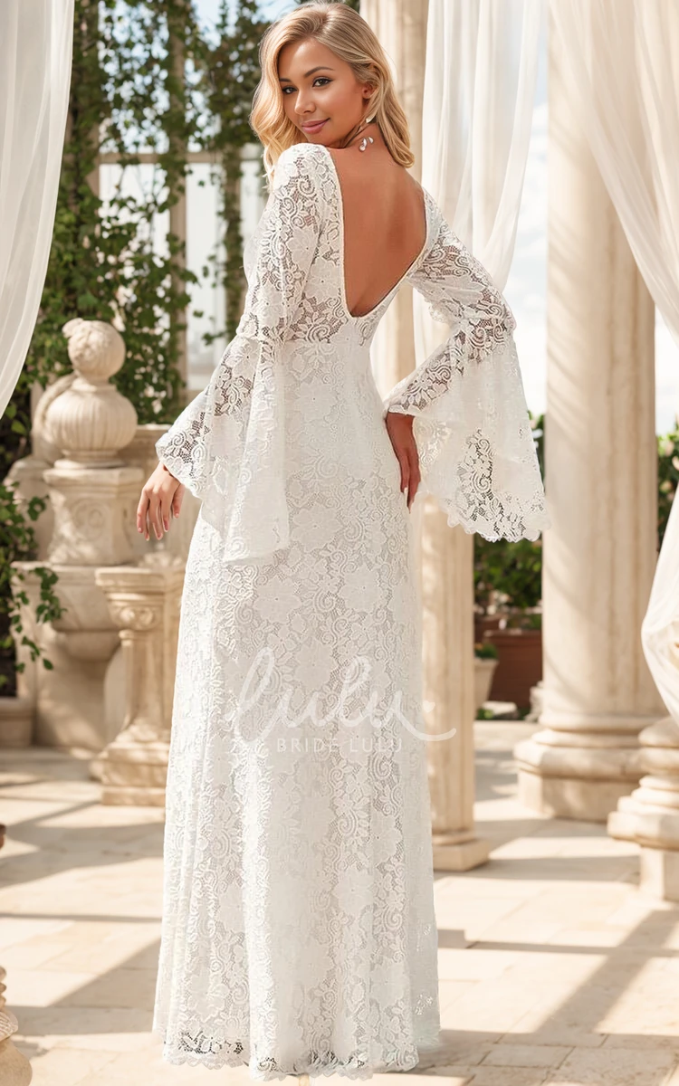 Romantic Floral Boho Lace Bell Sleeve Lace Wedding Dress Spring Elegant Sheath Column Bateau Neckline Long Maxi Courthouse Reception Bridal Gown