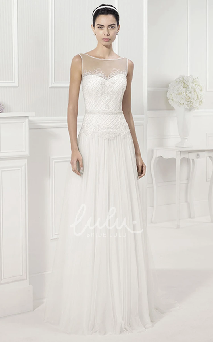 Sleeveless Bateau Neckline Pleated Tulle Bridal Gown with V-Back