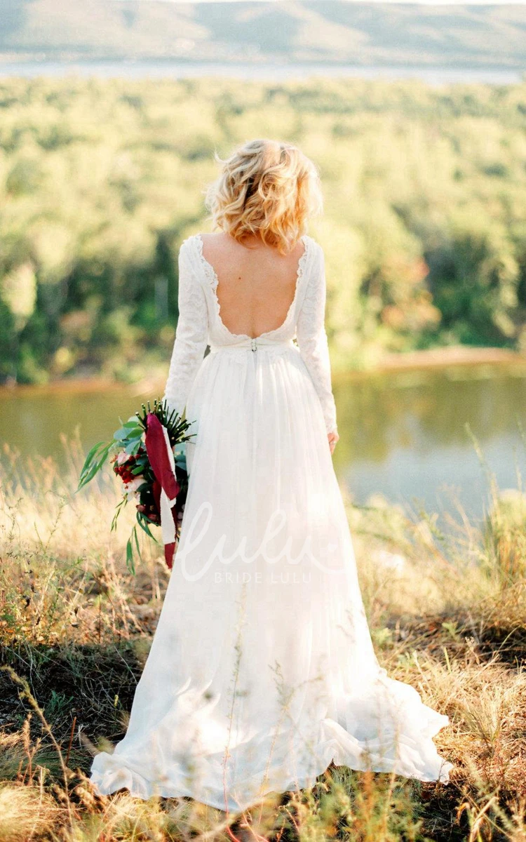 Romantic Lace Chiffon A-Line Wedding Dress with Long Train