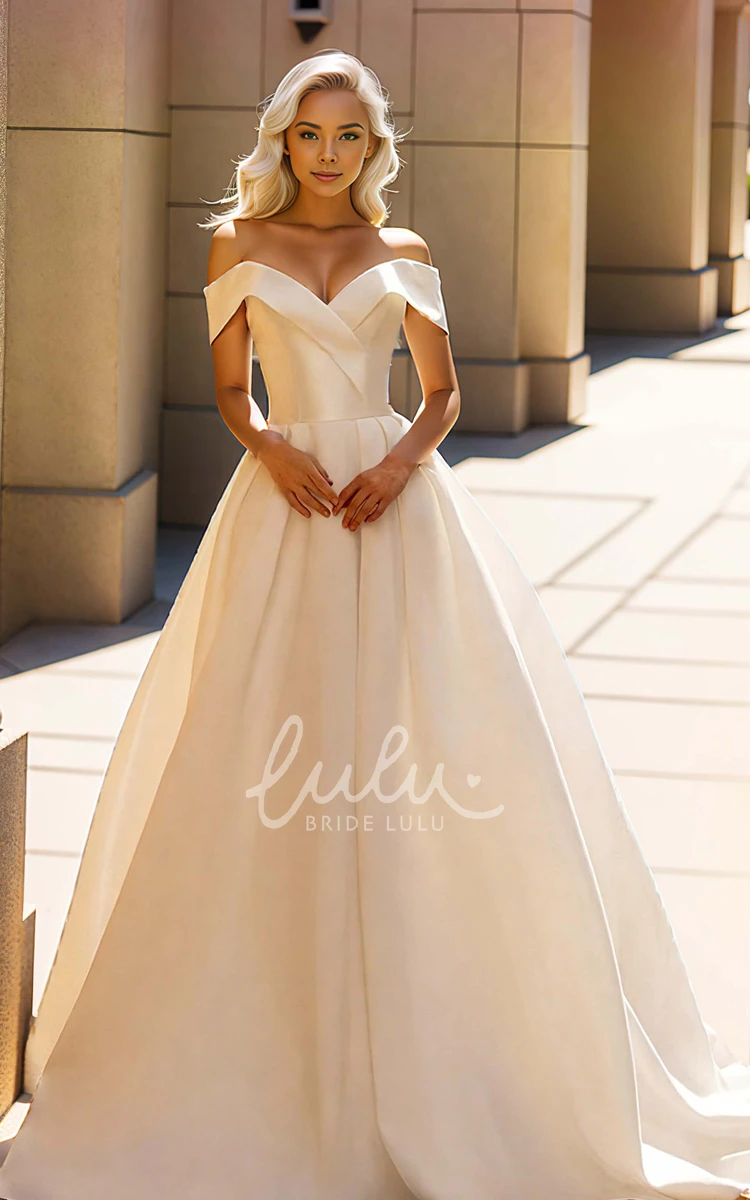 Solid Sexy Satin Off-the-shoulder Sleeveless A-Line V-neck Wedding Dress Simple Elegant Floor-length Corset Back Bridal Gown with Sweep Train Button