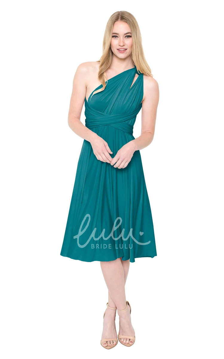 One-Shoulder Ruched Chiffon Bridesmaid Dress Tea-Length Sleeveless Convertible Multi-Color