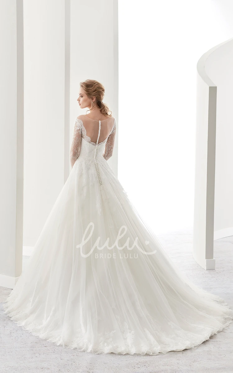 Illusive Design Long-Sleeve A-Line Wedding Dress with Brush Train