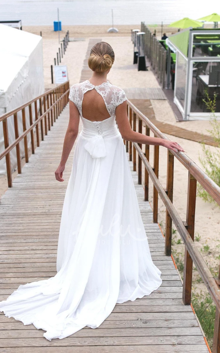 Long A-Line Chiffon & Lace Wedding Dress with Cap Sleeves V-Neck & Flowy