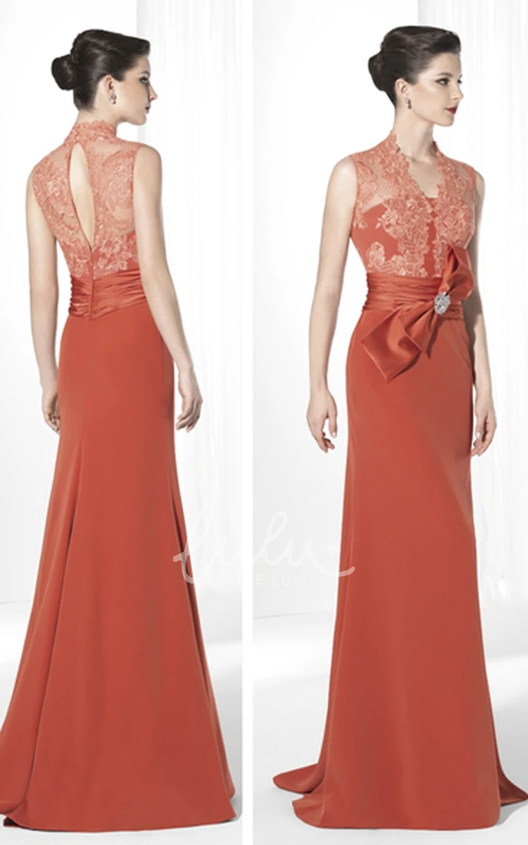 Sleeveless Jersey & Lace Prom Dress with Appliques Floor-Length and Bowed Sheath
