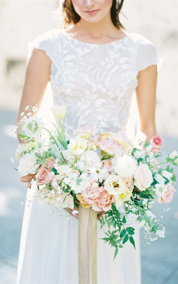 Bohemian Tulle A-Line Wedding Dress with Bateau Neckline and Short Sleeves Beach Wedding Dress