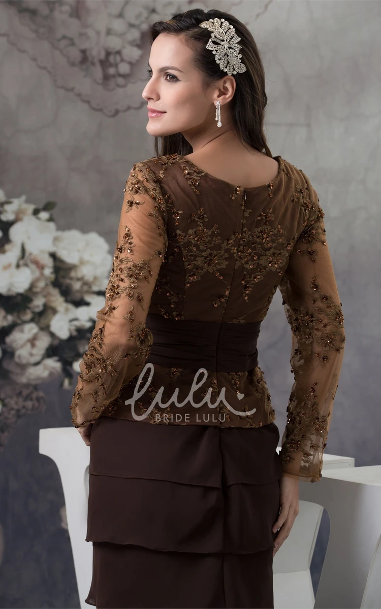 Square-Neck Long-Sleeve Tiered Formal Dress with Appliques