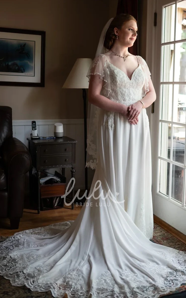 Modest Illusion Short Sleeve Lace Petals Wedding Dress A-Line Sweep Train Country Gown