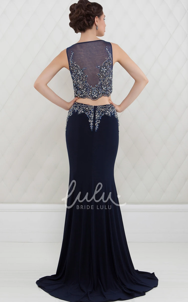 Sheath Scoop-Neck Sleeveless Beaded Floor-Length Jersey Prom Dress Flowy Beaded Sheath Prom Dress