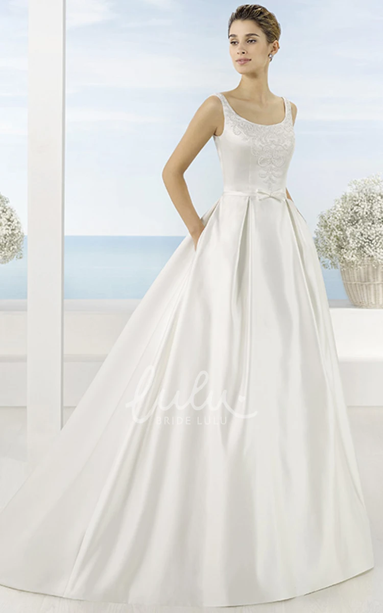 Maxi Beaded Satin Wedding Dress with Square Neckline and Sweep Train