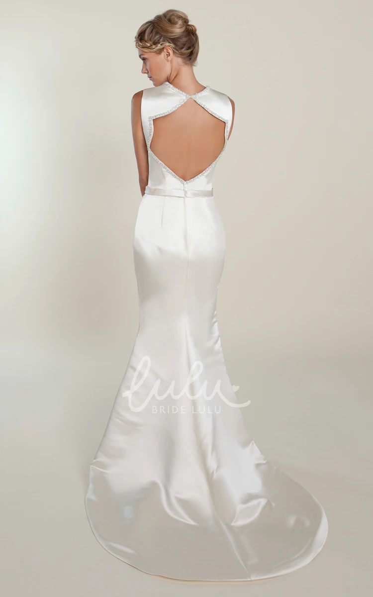 Satin V-Neck Beaded Wedding Dress with Keyhole Back Sleeveless Sheath Floor-Length