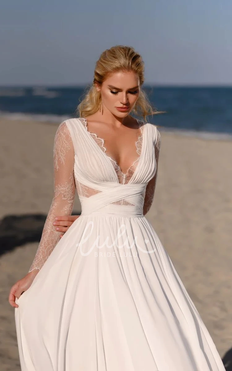 A-Line Elegant Chiffon Floor Length Illusion Lace Long Sleeve With Button Down Wedding Dress