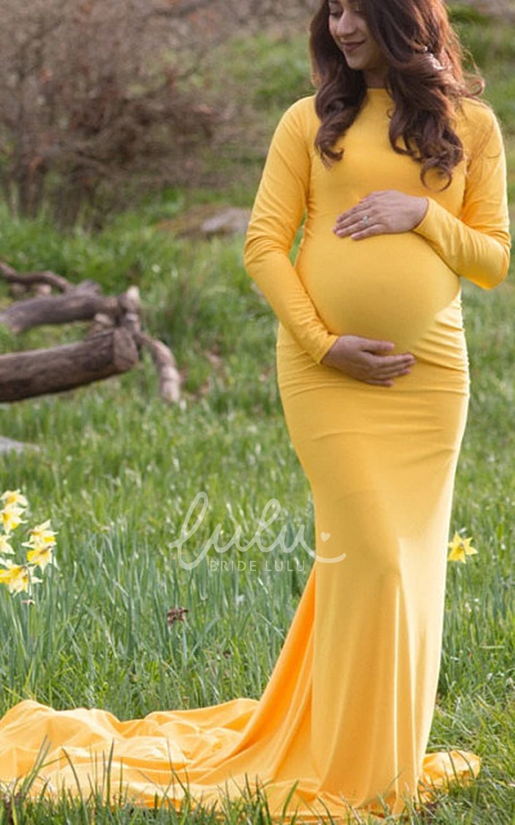 Sweep Train A-Line Maternity Dress with Long Sleeves and Empire Waist