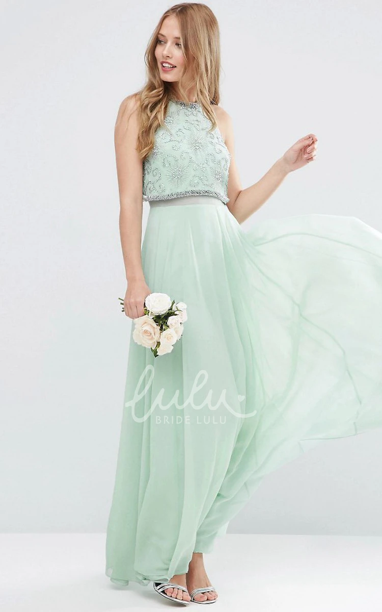 Sleeveless Jewel Neck Beaded Chiffon Bridesmaid Dress with Pleats Flowy Bridesmaid Dress