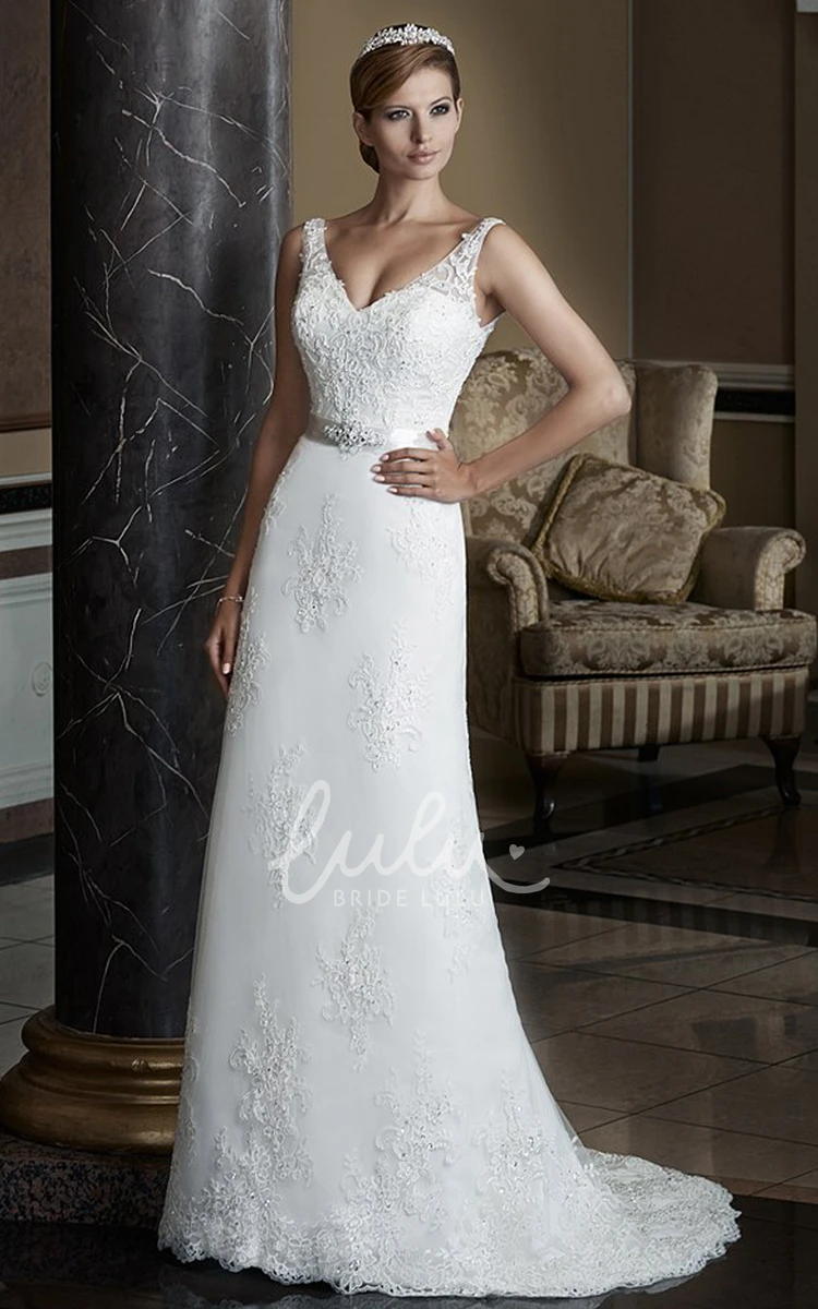 Sleeveless A-Line V-Neck Lace Wedding Dress with Appliques and Bow Elegant Wedding Dress