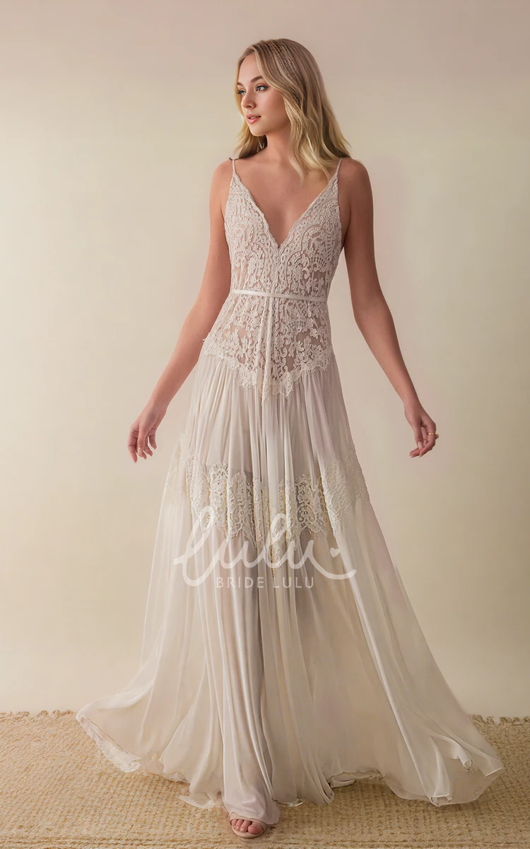 Boho A-Line Sexy Spaghetti V-neck Chiffon Lace Wedding Dress Elegant Floor-length Sleeveless Backless Bridal Gown with Sash