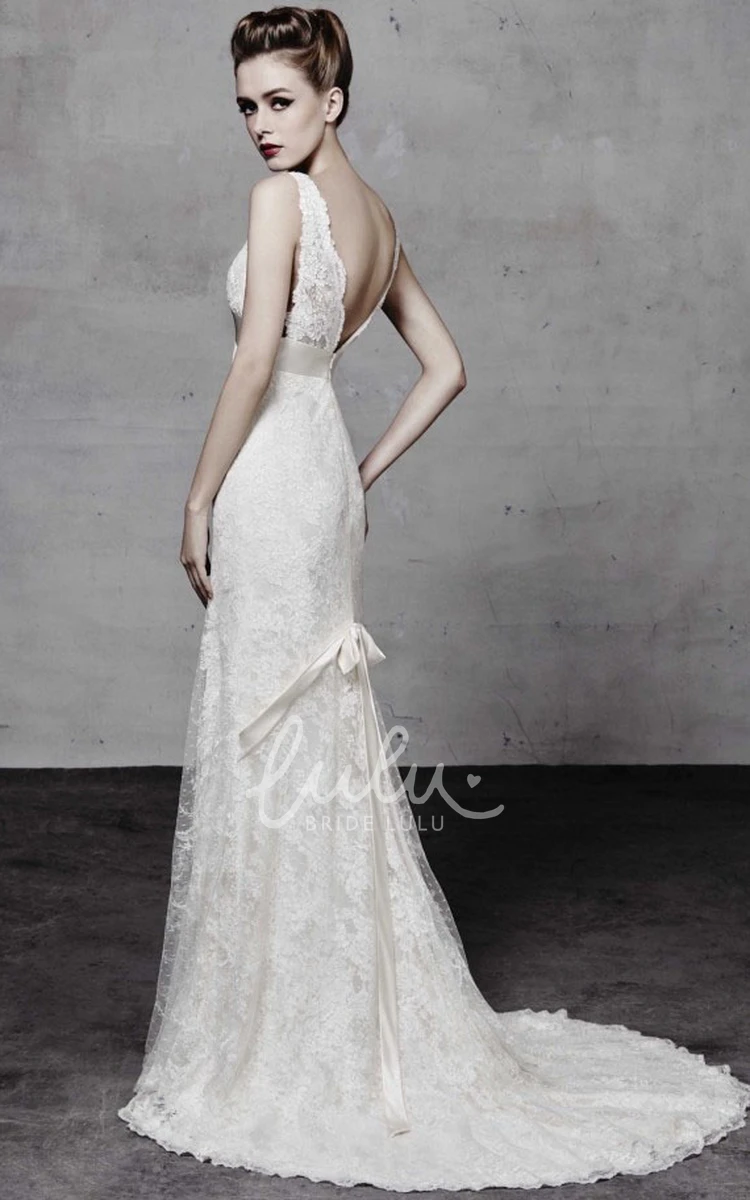 Sleeveless Lace Sheath Wedding Dress with Appliques and Low V-Back