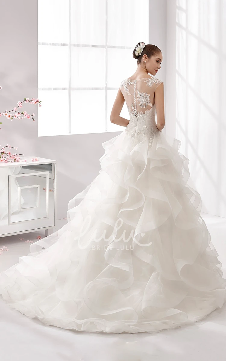 A-Line Wedding Gown with Cascading Ruffles and Illusive Neckline Jewel-Neck Classy Simple