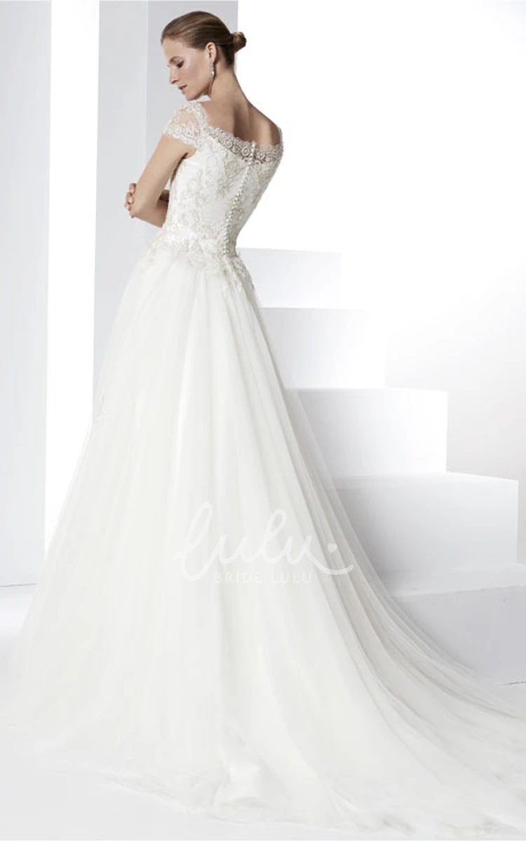 Cap Sleeve Appliqued Tulle Wedding Dress Beautiful A-Line Style