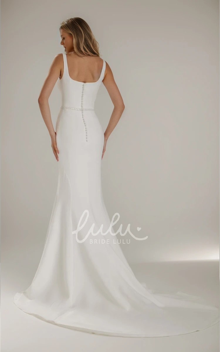 Elegant Simple Satin Mermaid Winter Wedding Dress with Square Neck and Court Train Modern Bridal Gown