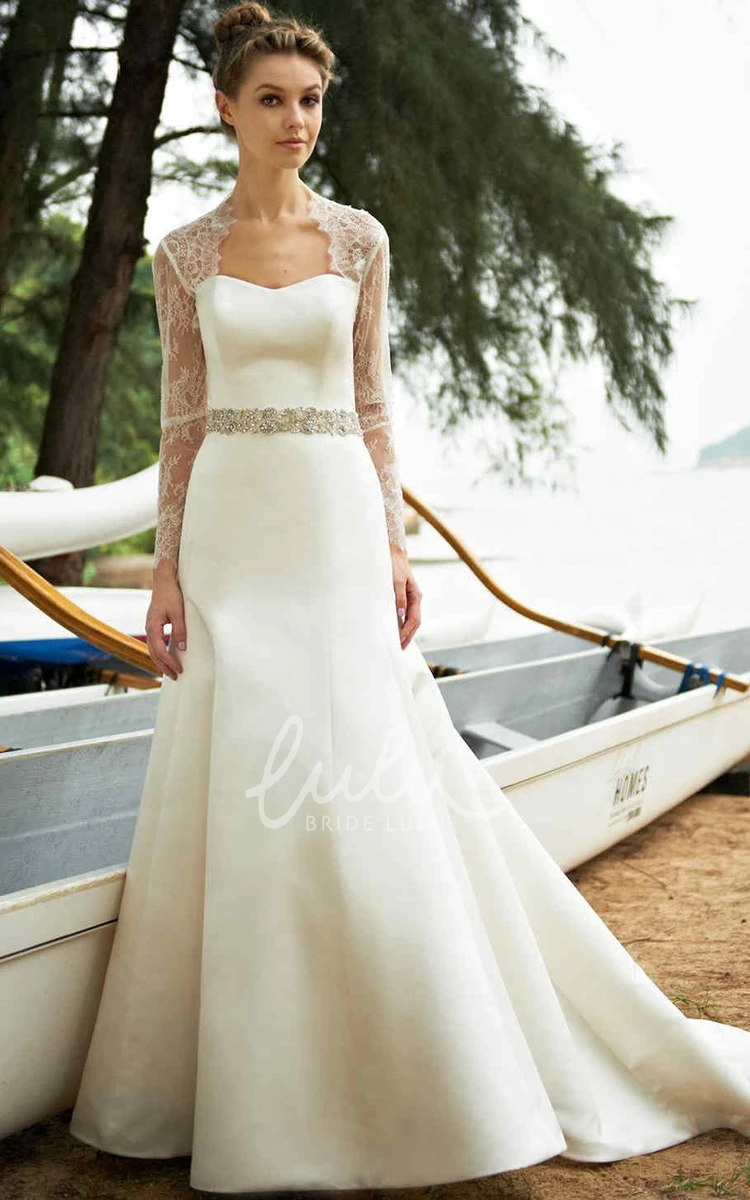 Jeweled Satin Long-Sleeve Wedding Dress with Cape Elegant Bridal Gown