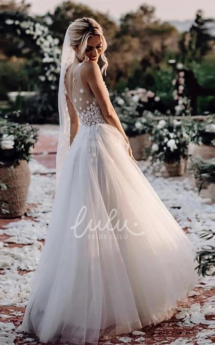 Sleeveless Lace Tulle Bohemian Illusion Deep-V Back Wedding Dress with Appliques Boho Lace Wedding Dress