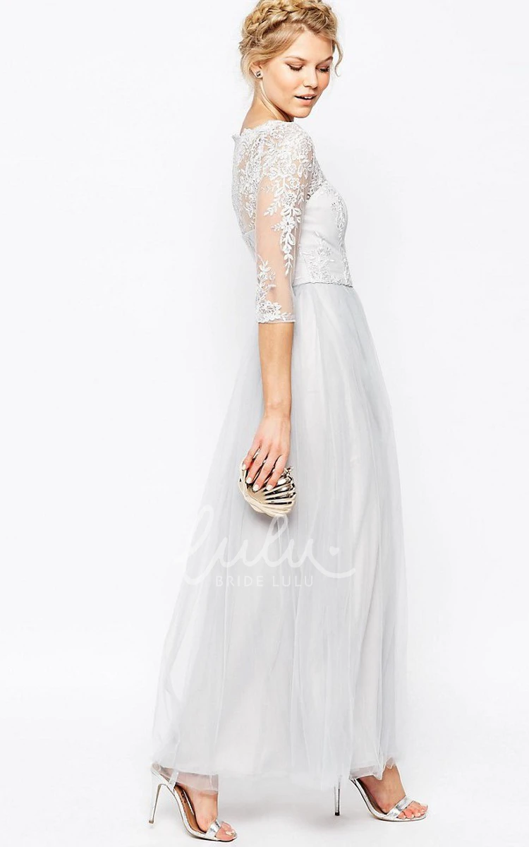 Appliqued Tulle Bridesmaid Dress with Half Sleeve and Bateau Neck