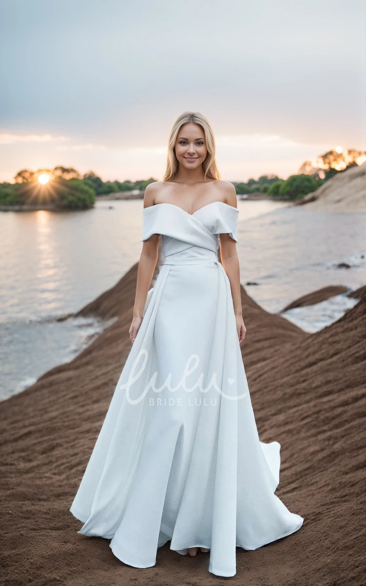 A-Line Sexy Off-the-Shoulder Solid Satin Ruching Long Wedding Gown with Sweep Train