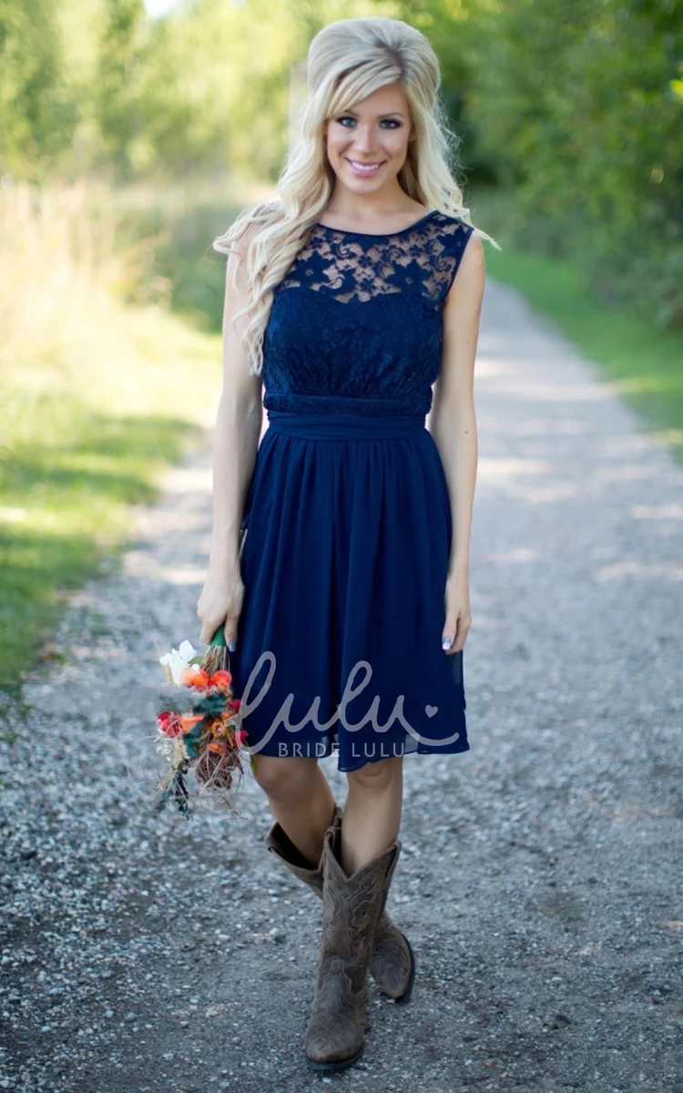 Short A-Line Chiffon Bridesmaid Dress with Lace Backless Gown and Sleeveless Design