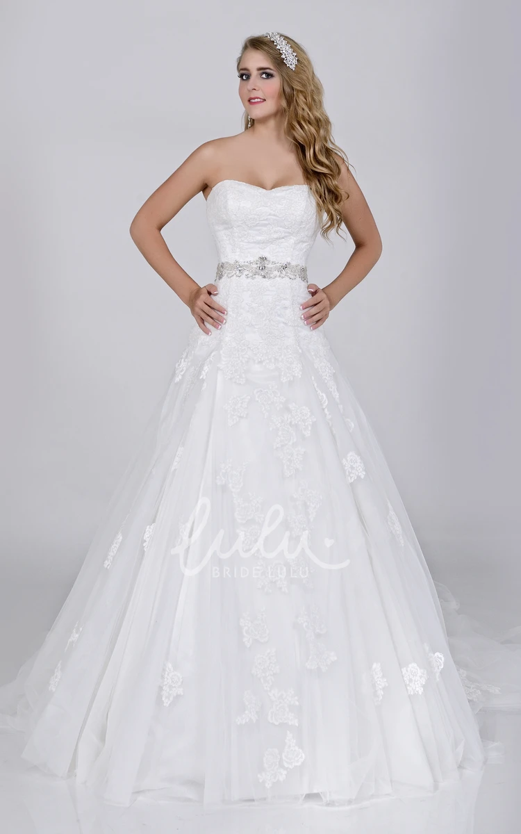 A-Line Strapless Lace Wedding Dress with Jeweled Waist Romantic Bridal Gown