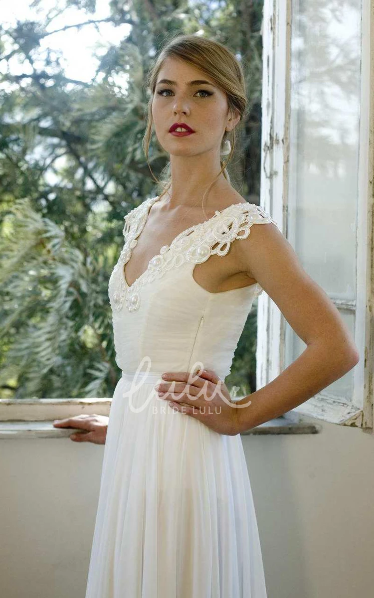 Backless Chiffon Ruched Wedding Dress with Appliqued Cap Sleeves