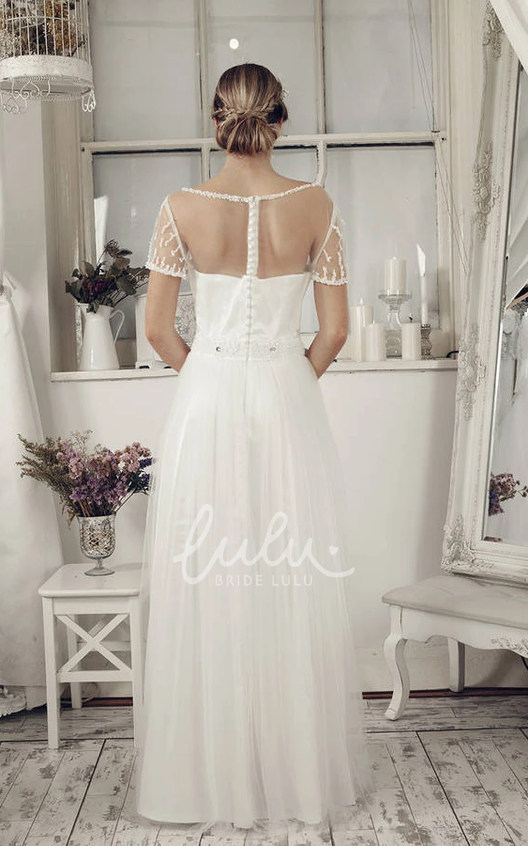 Beaded Tulle Short Sleeve Scoop Neck Wedding Dress