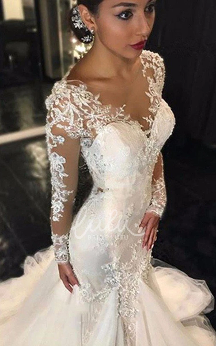 Lace Mermaid Wedding Dress with V-Neck and Long Sleeves