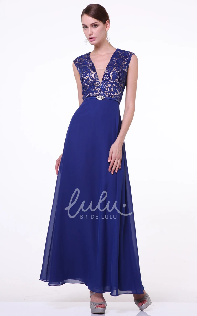 V-Neck A-Line Chiffon Dress with Lace and Zipper Perfect for Prom or Bridesmaids