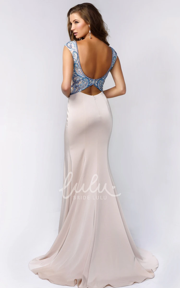 Sheath Long V-Neck Cap-Sleeve Jersey Low-V Back Dress With Beading