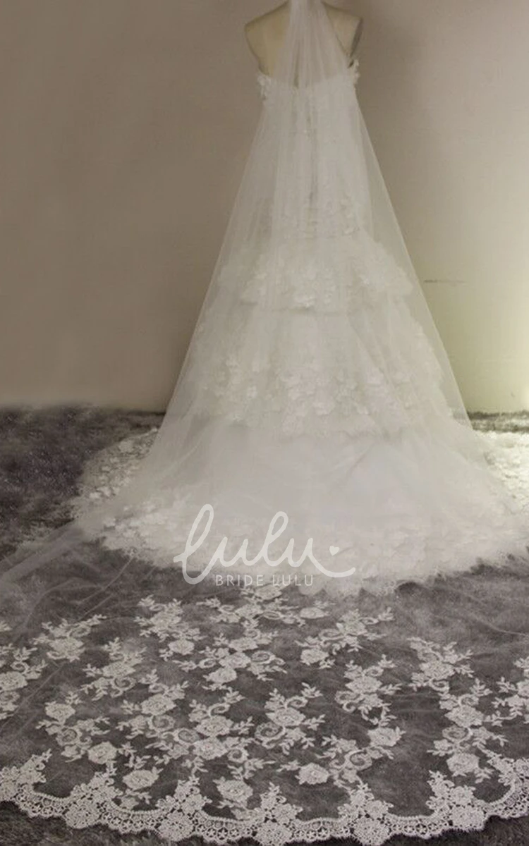 Long Tulle Bridal Veil with Lace Appliques Retro Wedding Dress Accessory