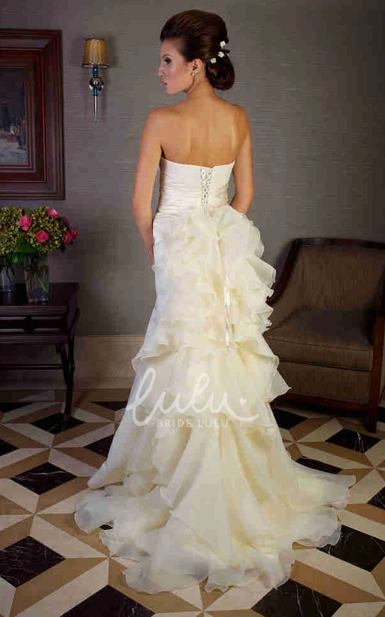 Satin Sheath Wedding Dress with Cascading Ruffles and Corset Back